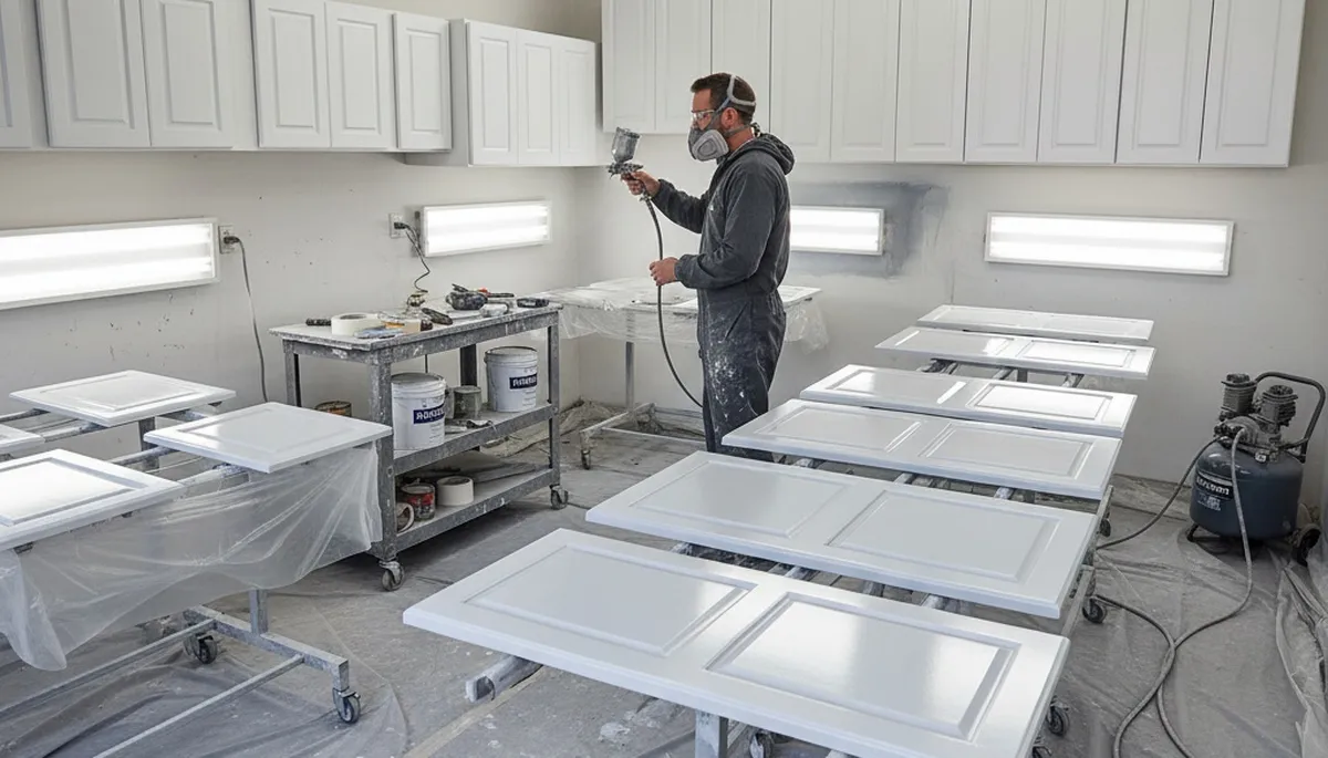 Professional cabinet painting process in Saint Louis, MO with smooth sprayed finishes for kitchen upgrades