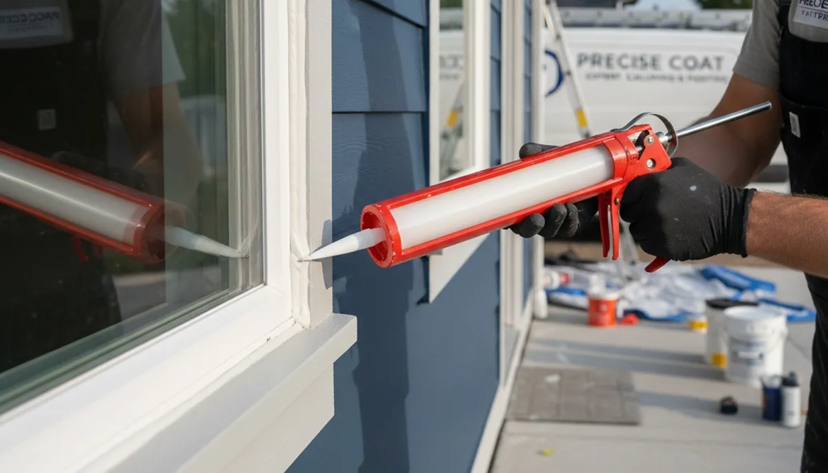 Painter applying exterior caulking and sealing on home siding in Saint Louis MO to prevent moisture damage