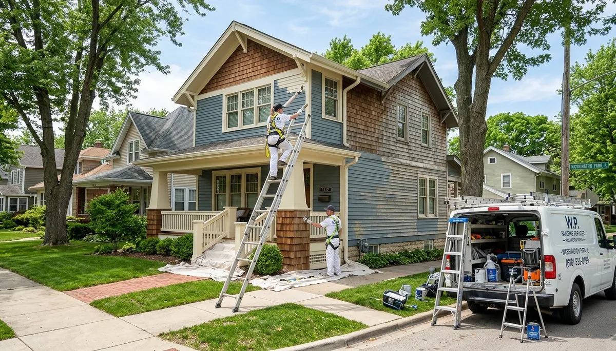 Professional house painters working on exterior home repaint in Saint Louis, MO